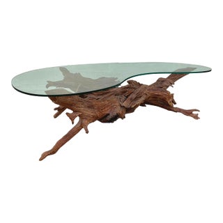 Gnarly Driftwood Base Coffee Table With Kidney Glass Top For Sale