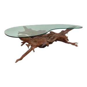 Gnarly Driftwood Base Coffee Table With Kidney Glass Top