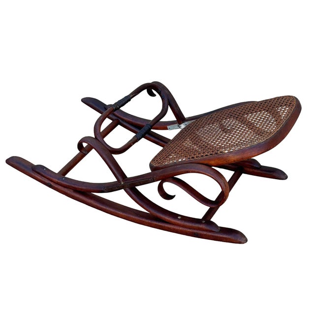 Antique Vienna Secession Bent Oak & Caine Rocking Foot Stool W/ Braces Attributed to Thonet No.7001 For Sale - Image 4 of 7
