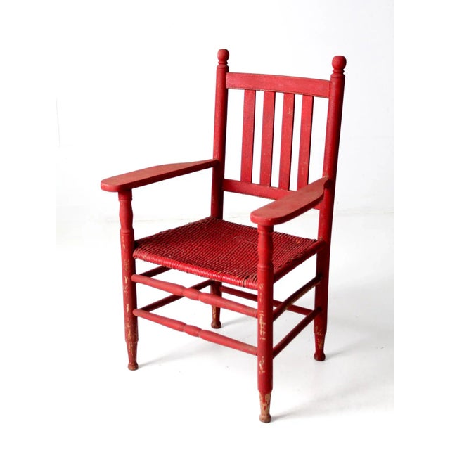 Antique Red Wicker Seat Arm Chair For Sale - Image 4 of 13