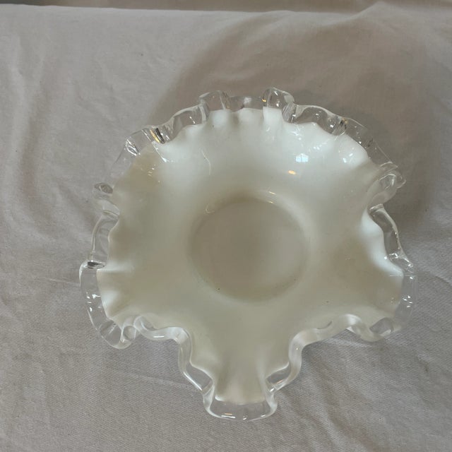 White 1960s Fenton Crystal Silver Crest Milk Glass, Double Ruffled Scalloped Rim Bowl For Sale - Image 8 of 10