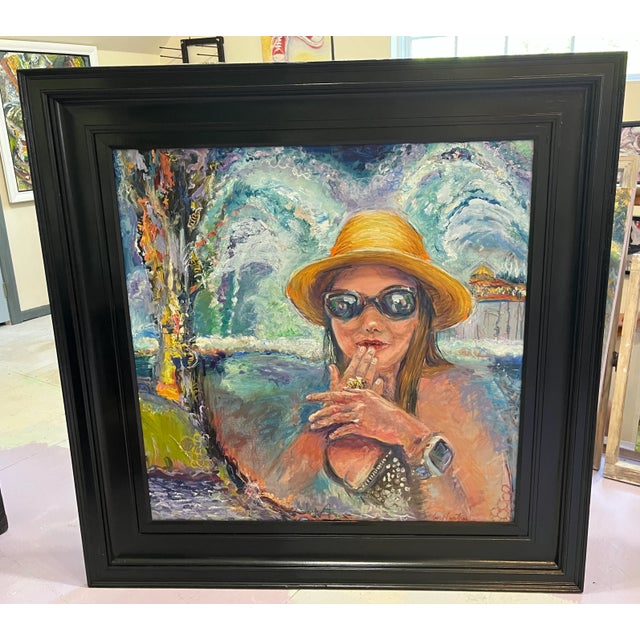 "The Bee's Knees", Oil Painting by Van Ness Black frame. Ready to hang. A woman save a bee from the water. Angel wings are...