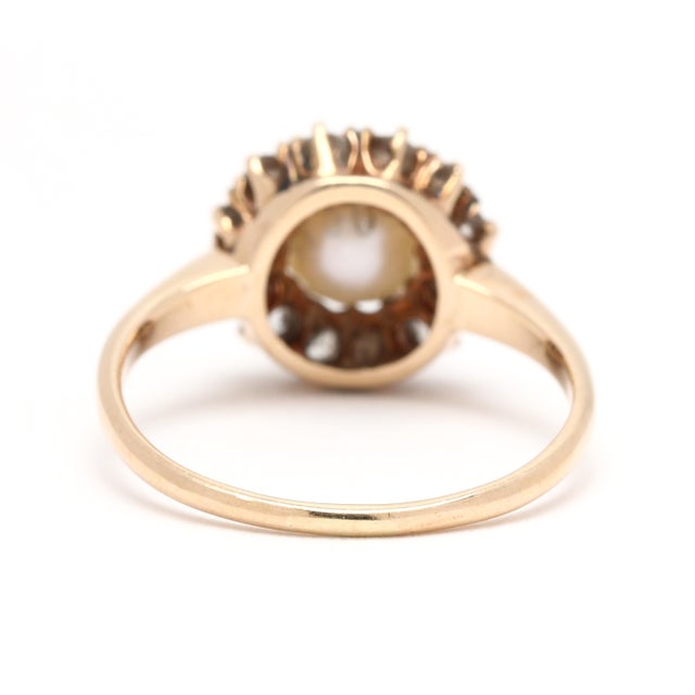 Traditional Antique .25ctw Pearl & Diamond Halo Ring, 14k Yellow Gold, Ring Size 4.25 For Sale - Image 3 of 5