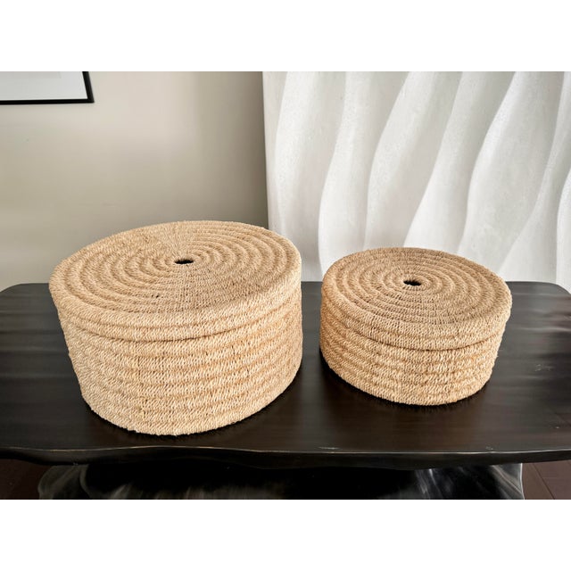 Set of 2 Round Woven Nesting Baskets Yvon Organic Modern Medium and Large Abaca Rope Box Set With Lids by Pigeon & Poodle Line by Made Goods For Sale - Image 9 of 12