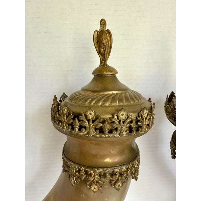 English Pair of 19th C. Brass and Horn Cherub Trophy Beer Steins Mantel Cornucopias For Sale - Image 3 of 12