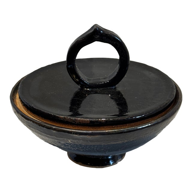 Vintage Black Glazed Ceramic Lidded Bowl With Sculptural Ring Handle For Sale