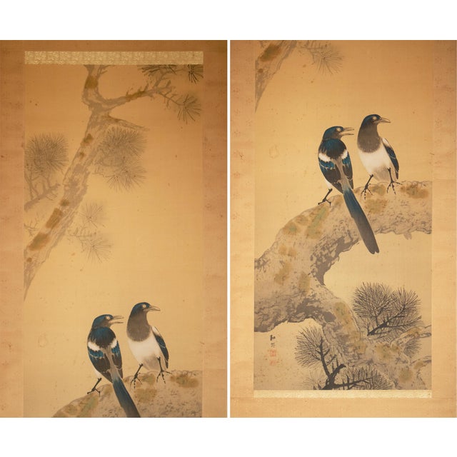 Japanese C. 1900-1920s Imai Kōshi "Magpies on a Pine Tree", Japanese Silk Scroll Painting For Sale - Image 3 of 18
