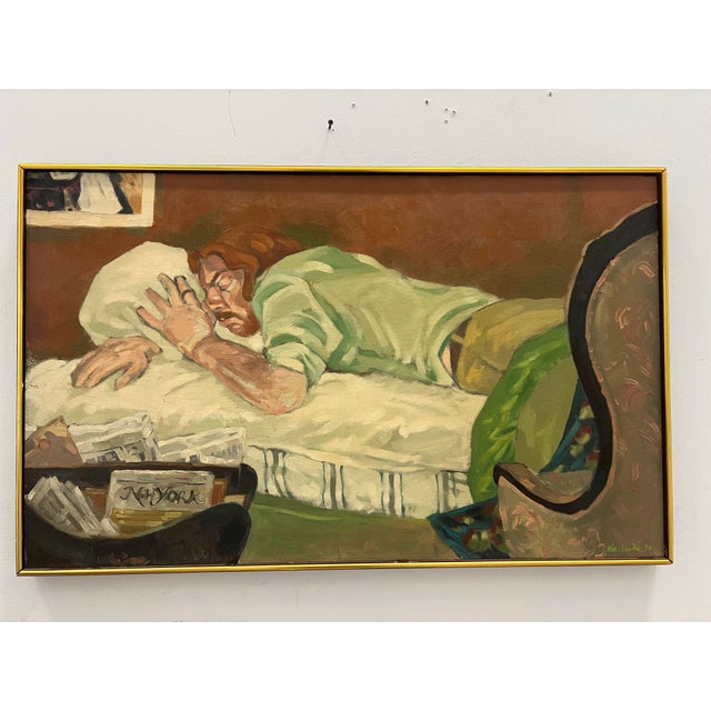 Textile 1972 Vintage O/C Sleeping Man Painting For Sale - Image 7 of 12