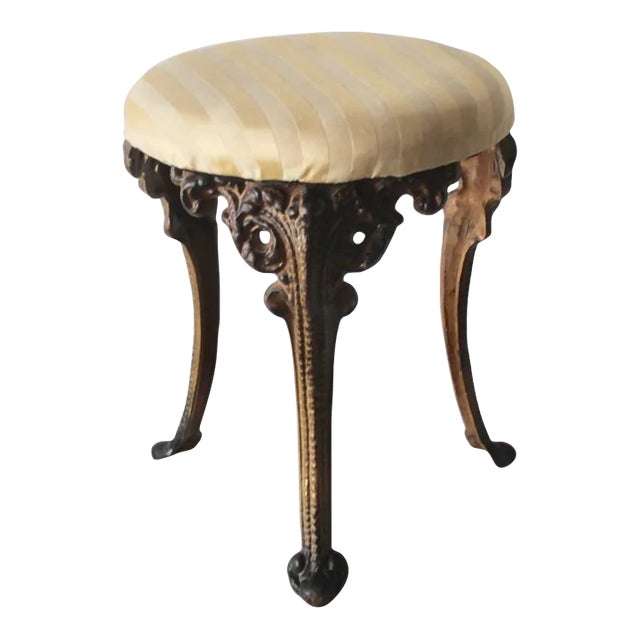 Mid 20th Century Victorian Style Cast Iron Upholstered Stool Vintage Mid-Century For Sale