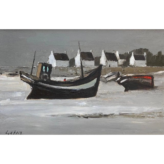 White Jean Louis Getaz, Boats in Front of the 4 White Houses, Oil on Canvas, 1980s For Sale - Image 8 of 8