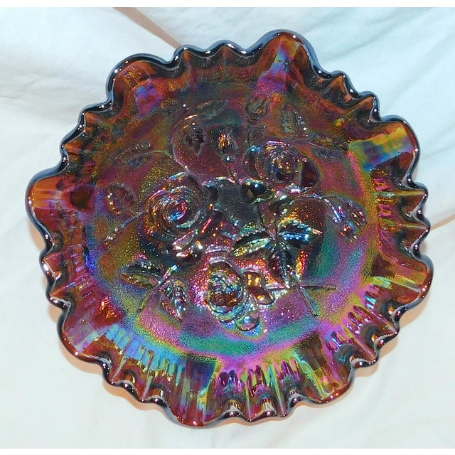 Imperial Glass carnival glass footed dish in gorgeous amethyst glass. Overall rose patterning with ruffled rim