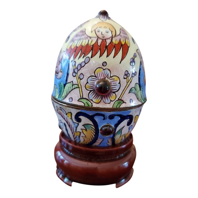 Antique Egg Shaped Enamel Jewel Box Jeweled Cabochons For Sale