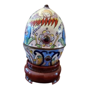 Antique Egg Shaped Enamel Jewel Box Jeweled Cabochons
