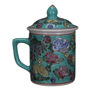 Vintage Chinese Porcelain Lidded Mug, Turquoise Hand Painted Floral Cup For Sale