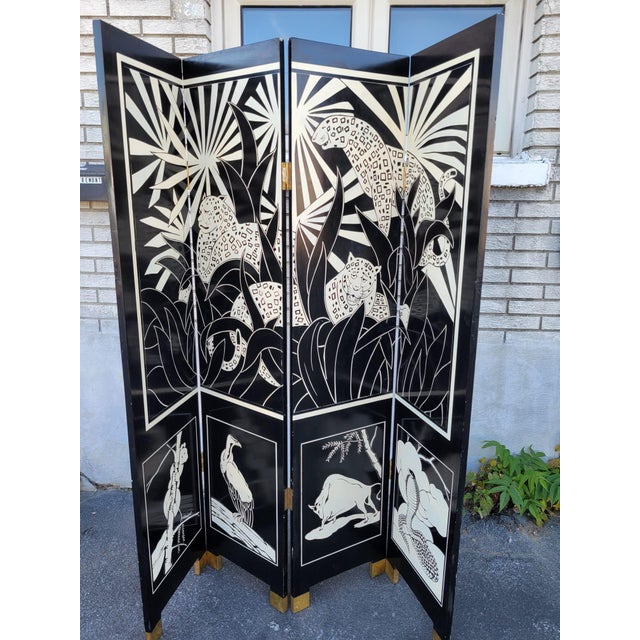 1960s Art Deco Style Room Divider Screen With Wildlife and Jungle Scene For Sale In Philadelphia - Image 6 of 12