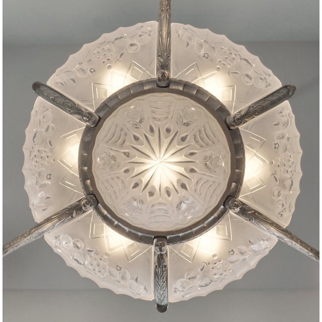 Gilles French Art Deco Multi-Light Chandelier 1930s - Fruit Motif Frosted Glass For Sale - Image 10 of 12