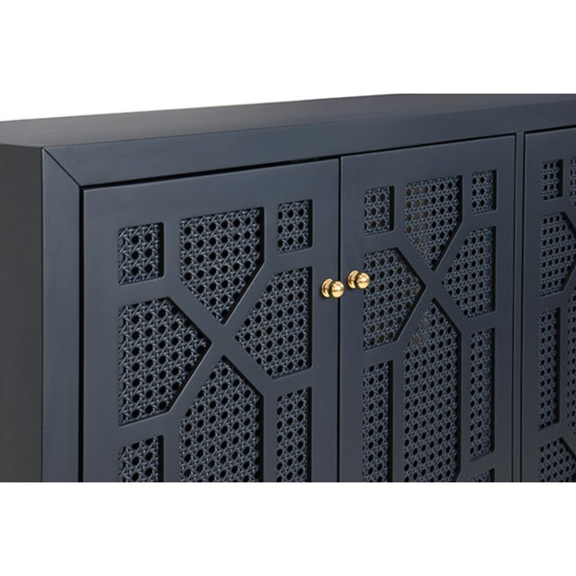 2020s Matthew Izzo Home Claire Matte Navy Lacquer Four Door Buffet With Brass Knobs - Painted Trellis Design Cane Doors For Sale - Image 5 of 12