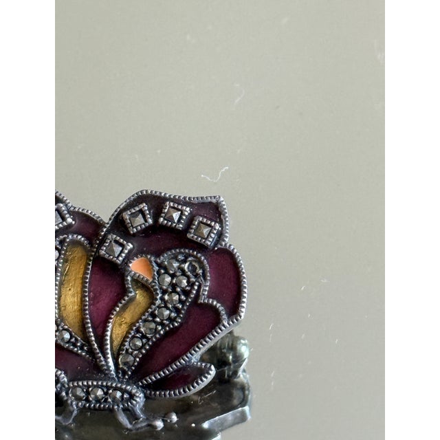 Mid Century Sterling Silver JMS Enamel and Marcasite Butterfly Brooch For Sale - Image 9 of 13