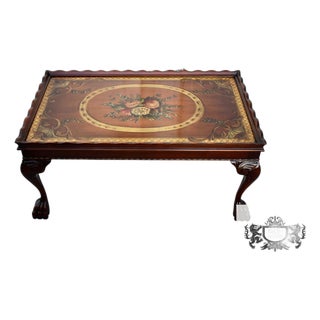 Vintage Carved Mahogany Regency Hand Painted Floral Design TBL W/ Claw Foot For Sale