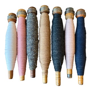 Antique 19th Century Bobbin Spindles With Yarn- Set of 7 For Sale