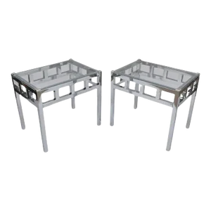 Late 20th Century Mid Century Modern Baughman Style Chrome & Glass Rectangle Side Tables - a Pair