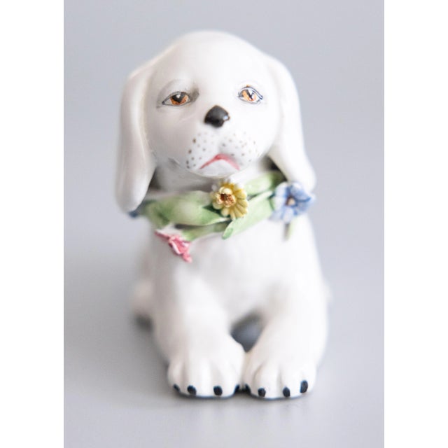Ceramic Vintage Italian White Majolica Dog Figurine With Flower Wreath For Sale - Image 7 of 9