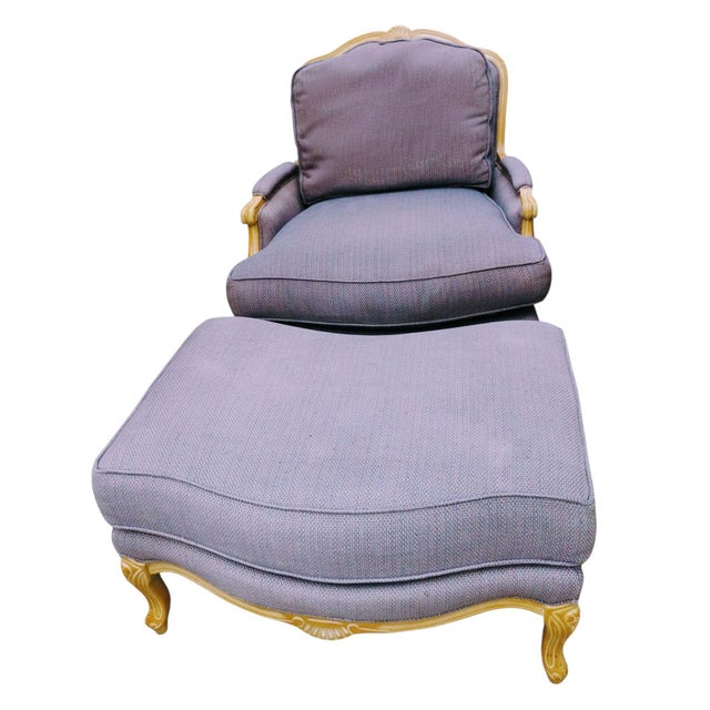Wood Vintage J. Royale French Bergère Chair & Ottoman With a Gilded Wood Frame For Sale - Image 7 of 12
