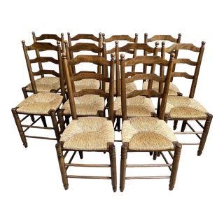 Set 10 Antique French Ladder Back Oak Dining Chairs Rush Seat Vintage Country For Sale