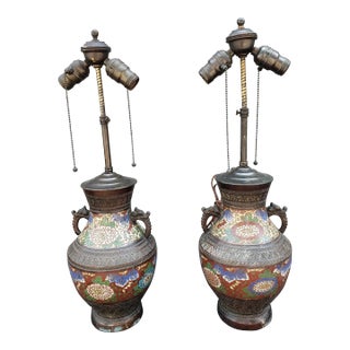 Pair of 19th C Meiji Bronze Champleve and Cloisonne Enamel Vases Mounted as Lamps For Sale