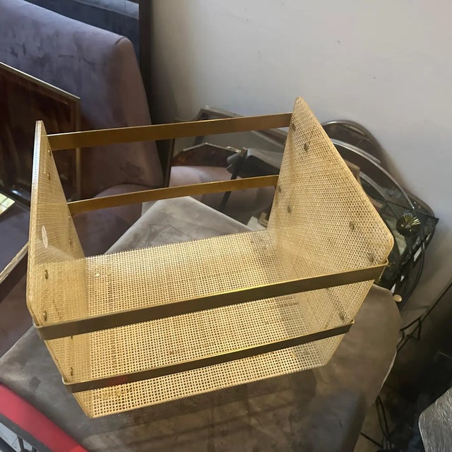 1980s Dior Home Style Mid-Century Modern Brass and Wicker Magazine Stand For Sale - Image 15 of 18