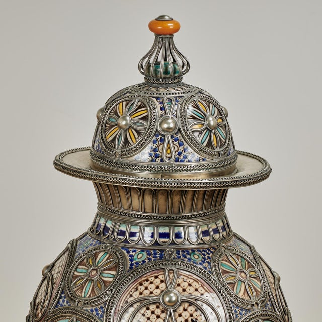 1960s Large Vintage Moroccan Earthenware and Metal Lidded Urn For Sale - Image 5 of 13