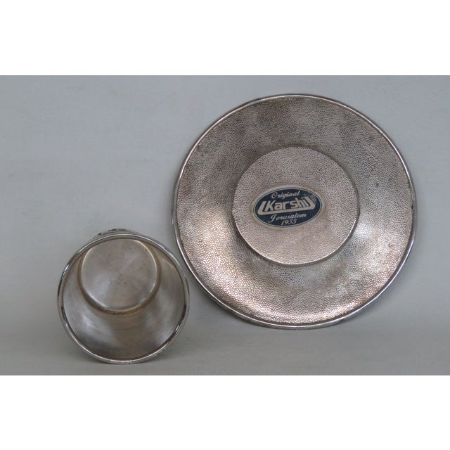 Late 20th Century Religious Karshi Kiddush Non Tarnish Metal Cup and Saucer 3pc Set With Original Box For Sale - Image 9 of 15