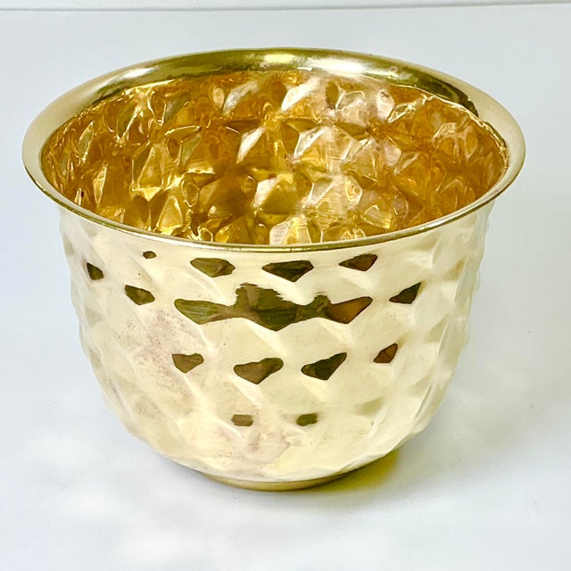 Mid-Century Boho Chic Hollywood Regency Arts & Crafts Medium Textured Round Brass Planter For Sale - Image 4 of 10