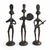 Striking set of three vintage cast iron musician figurines featuring elongated African tribal-inspired forms. Each figure...