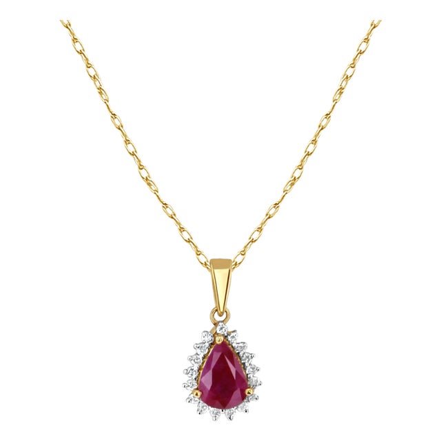Pear Shaped Ruby Diamond Halo Necklace 16" For Sale