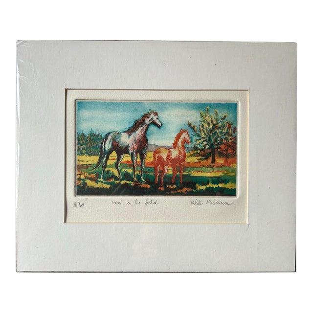 1980s Original Hand Colored Etching of Horses by Arlette Malivernier For Sale