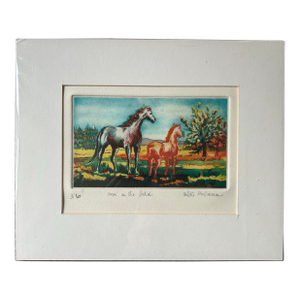 1980s Original Hand Colored Etching of Horses by Arlette Malivernier