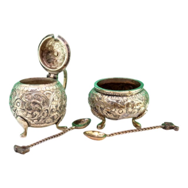 Salt and Pepper Shakers in Embossed Silver For Sale