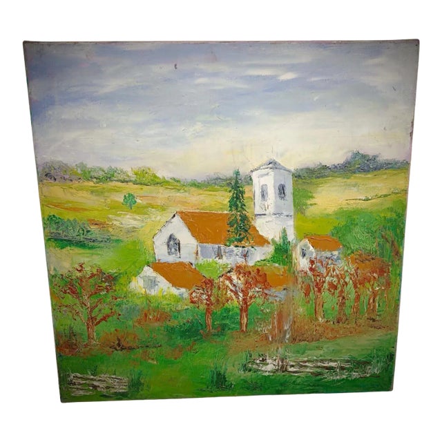 Mid 20th Century Charming Oil Painting on Canvas – Village Church Scene For Sale