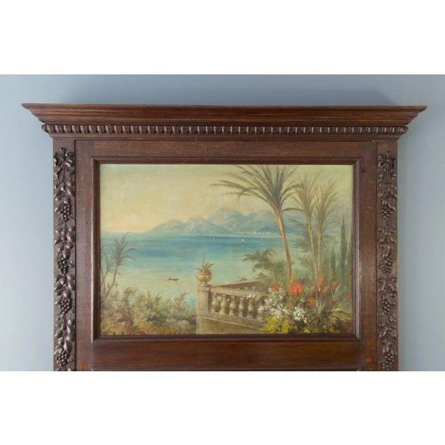 Wood Antique Carved Oak Framed Mirror with Painting, 1920s For Sale - Image 7 of 18