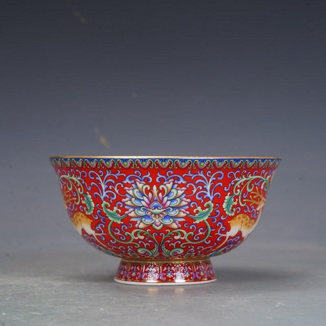 Mid 20th Century Enameled 6 Porcelain Bowls With Box – Famille Rose Style Deer & Floral Motif - 7 pcs For Sale - Image 10 of 18