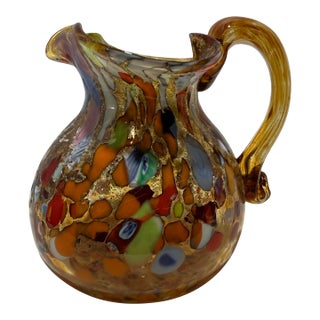 Vintage Murano Style Hand-Blown Art Glass Pitcher With Gold Aventurine For Sale