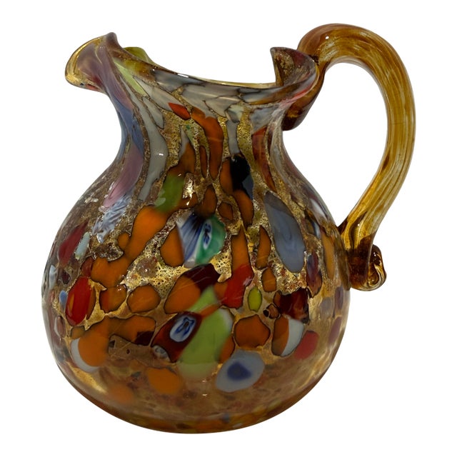 Vintage Murano Style Hand-Blown Art Glass Pitcher With Gold Aventurine For Sale