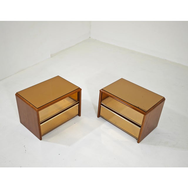 Brown Vintage Bedside Tables in Wood and Bronzed Mirrored Glass, 1970s, Set of 2 For Sale - Image 8 of 18
