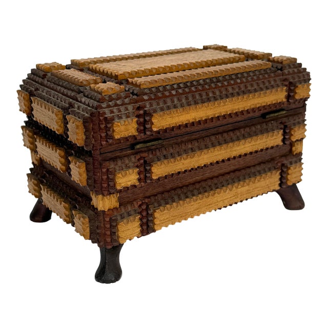 Antique Footed Two-Tone Tramp Art Jewelry Box With Mirror For Sale
