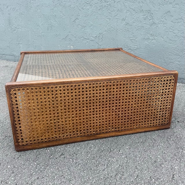 Boho Chic Vintage Boho Chic Cane and Oak Glass Top Coffee Table For Sale - Image 3 of 9