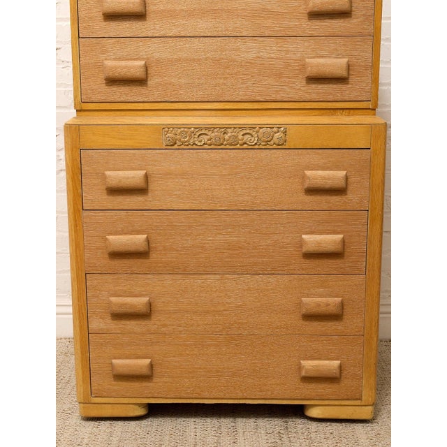 Early 20th Century Art Deco Blonde Wood Highboy Dresser With Carved Detail For Sale In Los Angeles - Image 6 of 12