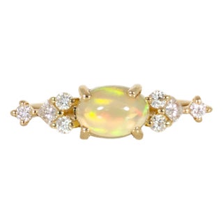 East West Opal Ring W Earth Mined Diamonds in Solid 14k Yellow Gold | Oval 8x6mm For Sale