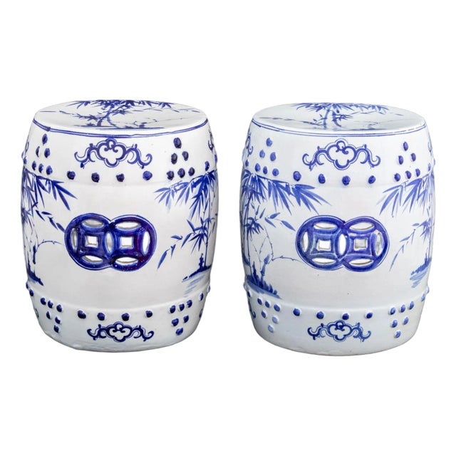 Thai Chinese Style Blue & White Ceramic Stools, 2 For Sale