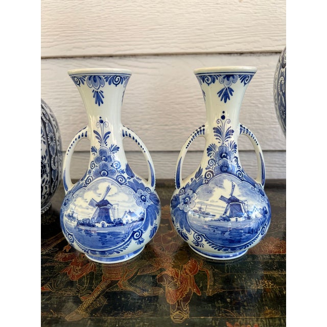 English Pair Petite Vintage Delft Vases Blue & White Windmilll Hand Painted Bud Vases For Sale - Image 3 of 18